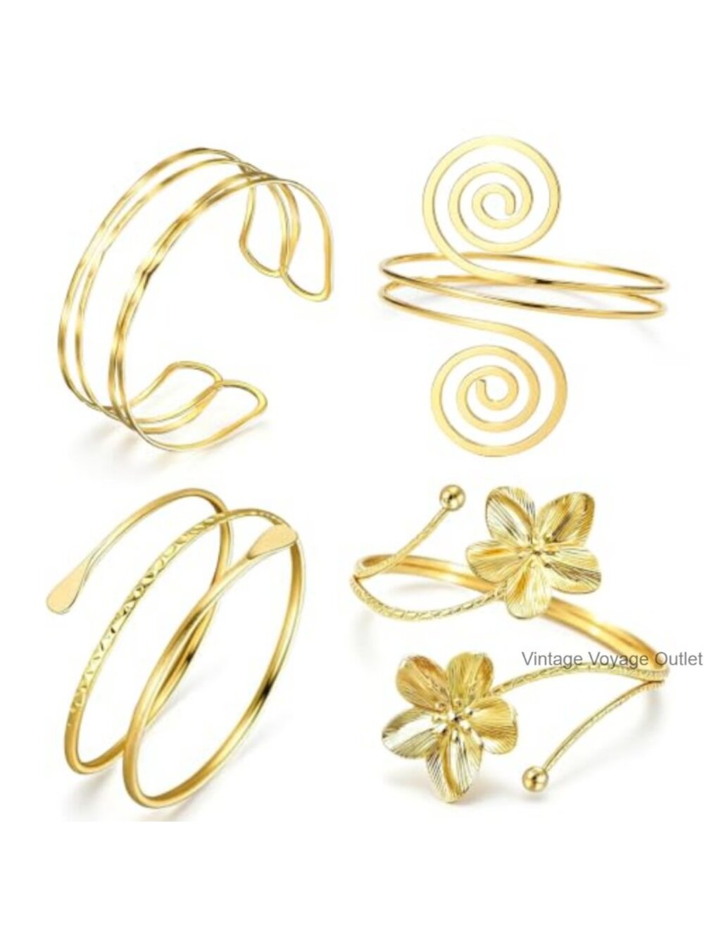 4pc Gold Plated Stainless Steel Arm Cuff Bracelet Set Adjustable Bohemian